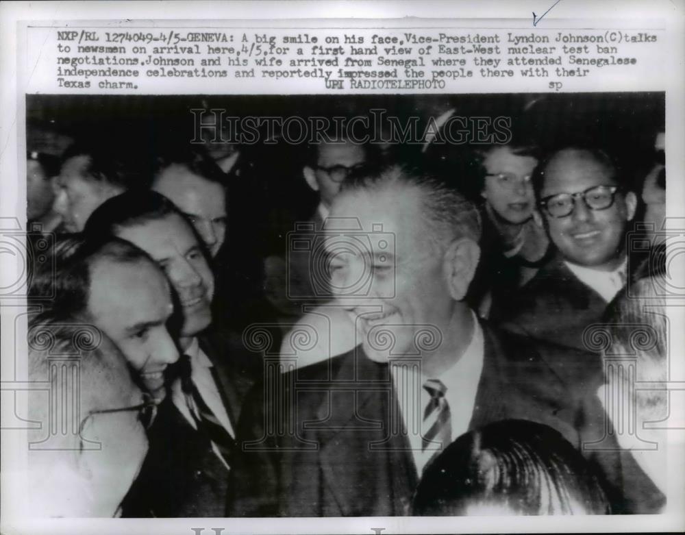 1961 Press Photo Lyndon B. Johnson Talking to Reporters in Geneva, Switzerland - Historic Images