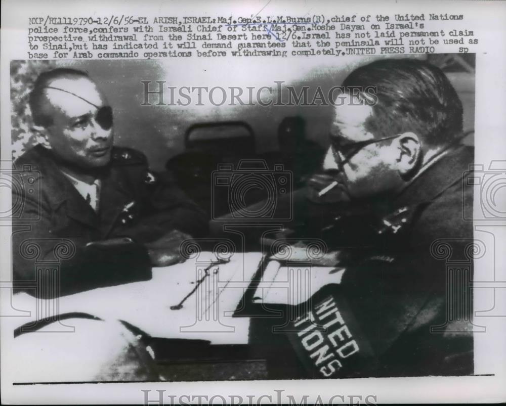 1956 Press Photo E.L.M. Burns, Moshe Dayan in Conference, El Arish, Israel - Historic Images