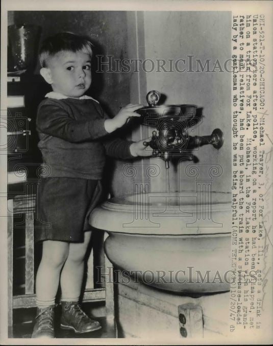 1947 Press Michael Trayer Gets a Drink in Union Station After Reported Kidnapped - Historic Images