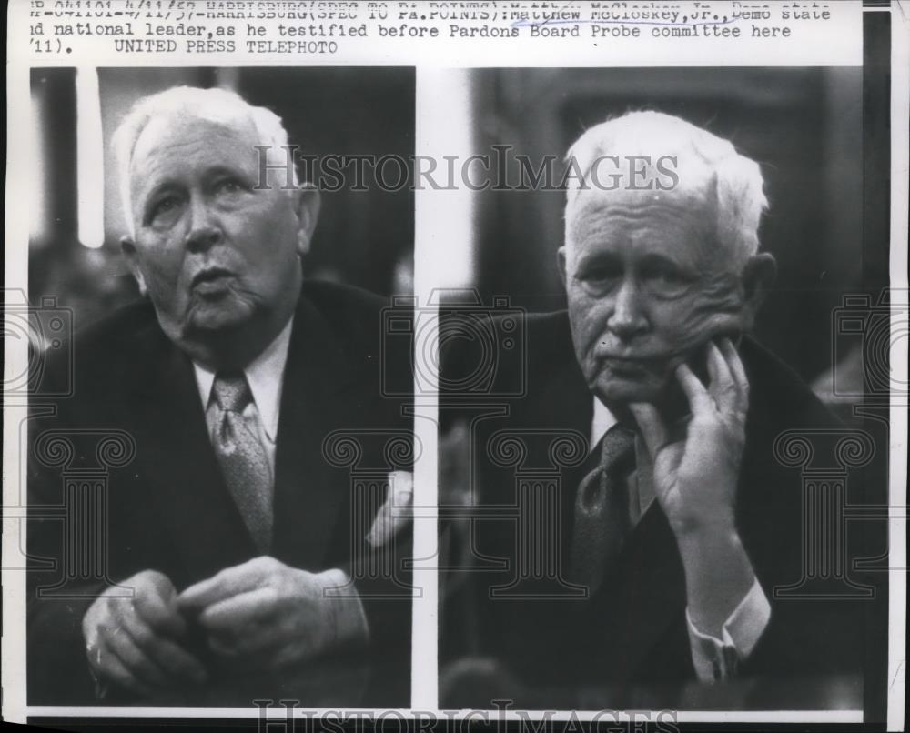 1957 Press Photo Matthew McCloskey, Jr. at Pardons Board Probe Hearing - Historic Images