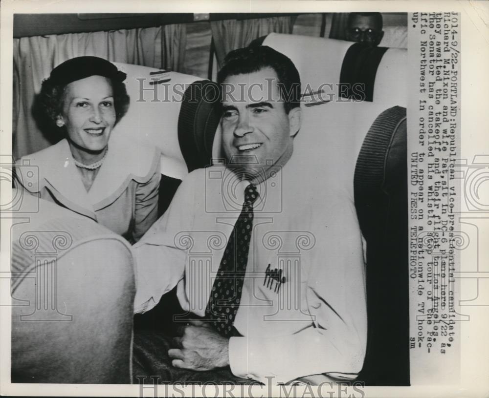 1952 Press Richard Nixon &amp; Wife Pat Sit in DC-6 Plane as They Await Take Off - Historic Images