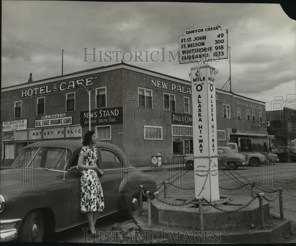 1957 Press Photo Official Mile &quot;O&quot; Post Alaska Highway Davison Creek, BC - Historic Images