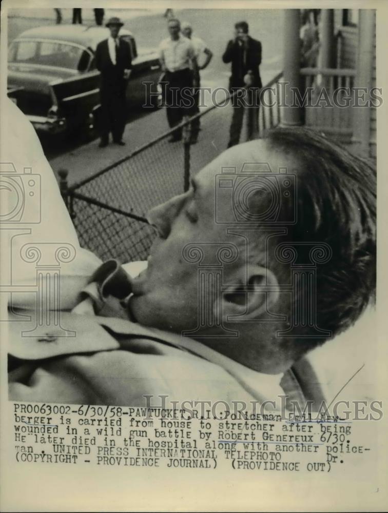 1958 Press Photo Emil Newberger carried from home after being shot in gun battle - Historic Images