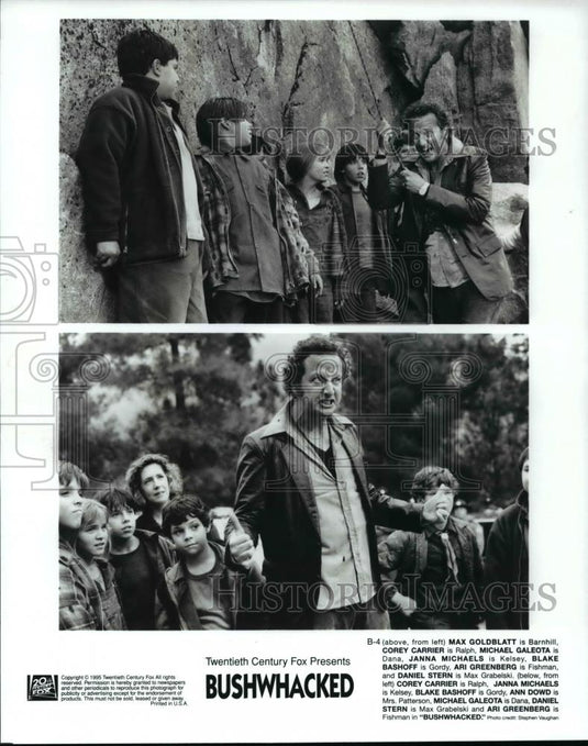 1995 Press Photo Max Goldblatt, Corey Carrier and Ann Dowd star in Bushwhacked - Historic Images