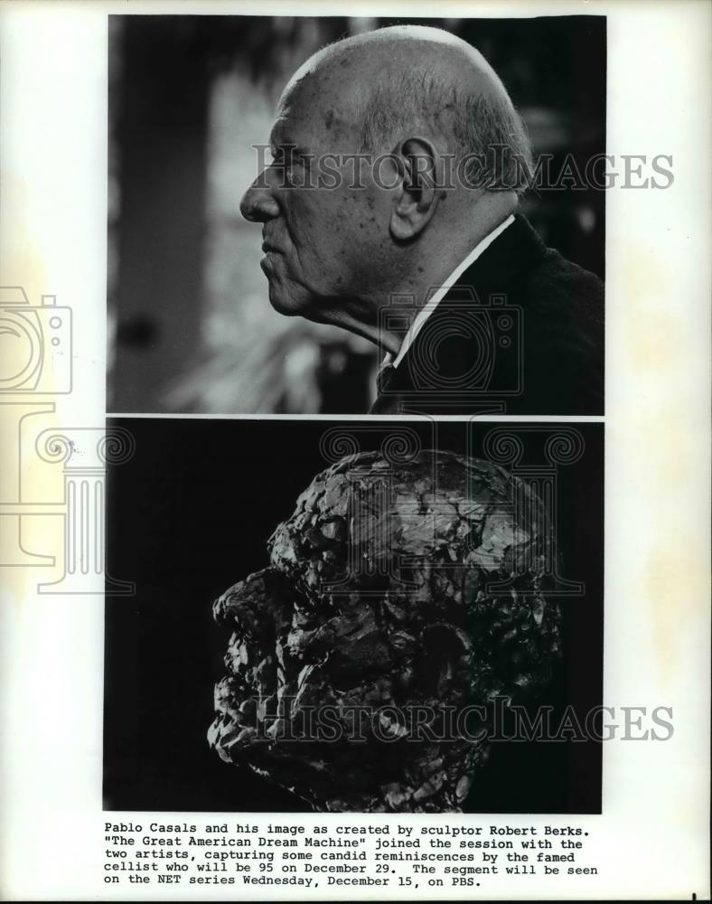 Press Photo Pablo Casas, the great cellist shown with sculpture made by Berks - Historic Images