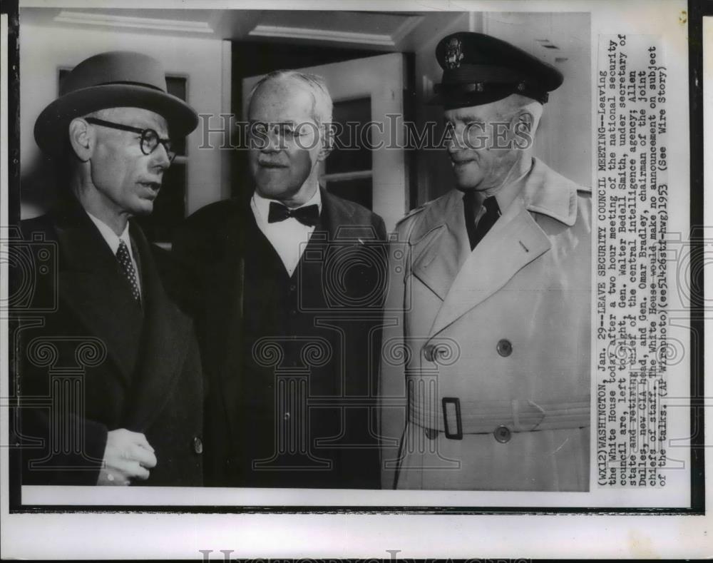 1953 Wire Photo Leaving White House Gen W.B. Smith, Allen Dulles &amp; Gen Bradley - Historic Images