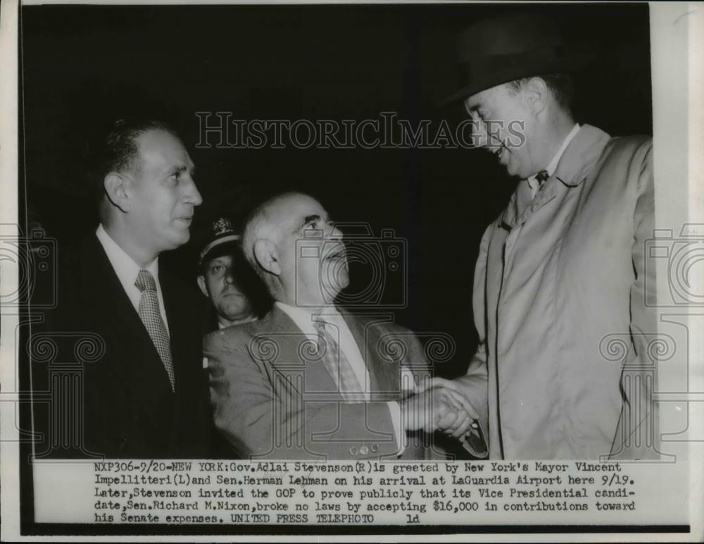 1952 Press Photo Adlai Stevenson Greeted by Vincent Impellitteri &amp; Sen Lehman - Historic Images