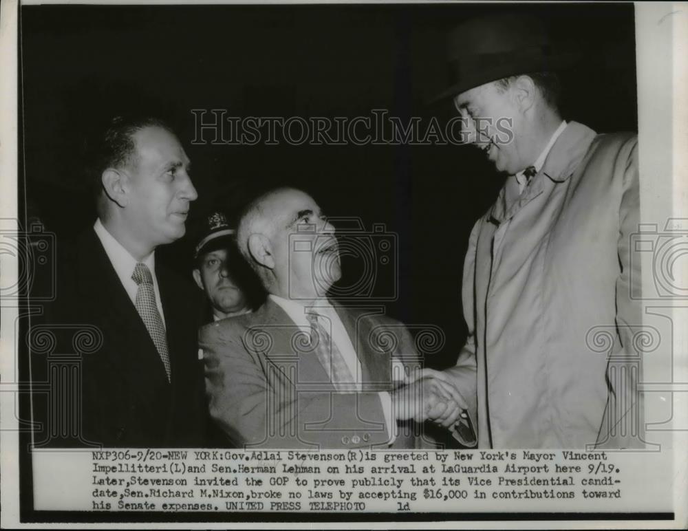 1952 Press Photo Adlai Stevenson Greeted by Vincent Impellitteri & Sen Lehman - Historic Images