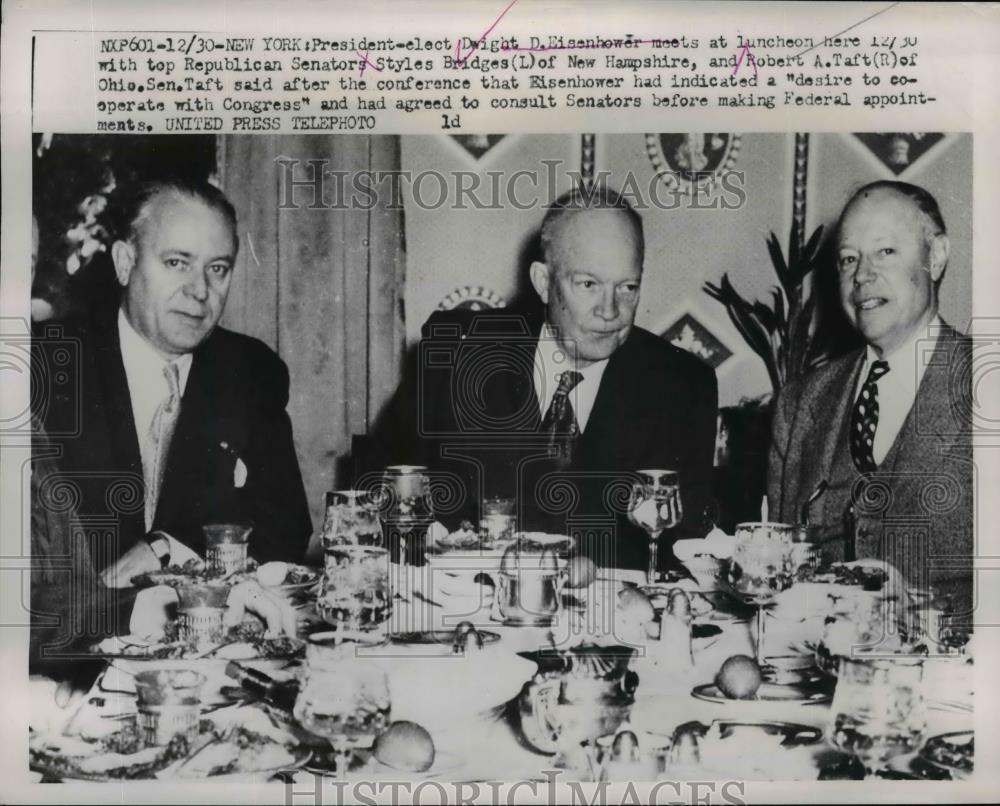 1952 Press Photo Dwight Eisenhower at Lunch w/ Styles Bridges, Robert Taft, NYC - Historic Images