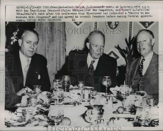 1952 Press Photo Dwight Eisenhower at Lunch w/ Styles Bridges, Robert Taft, NYC - Historic Images