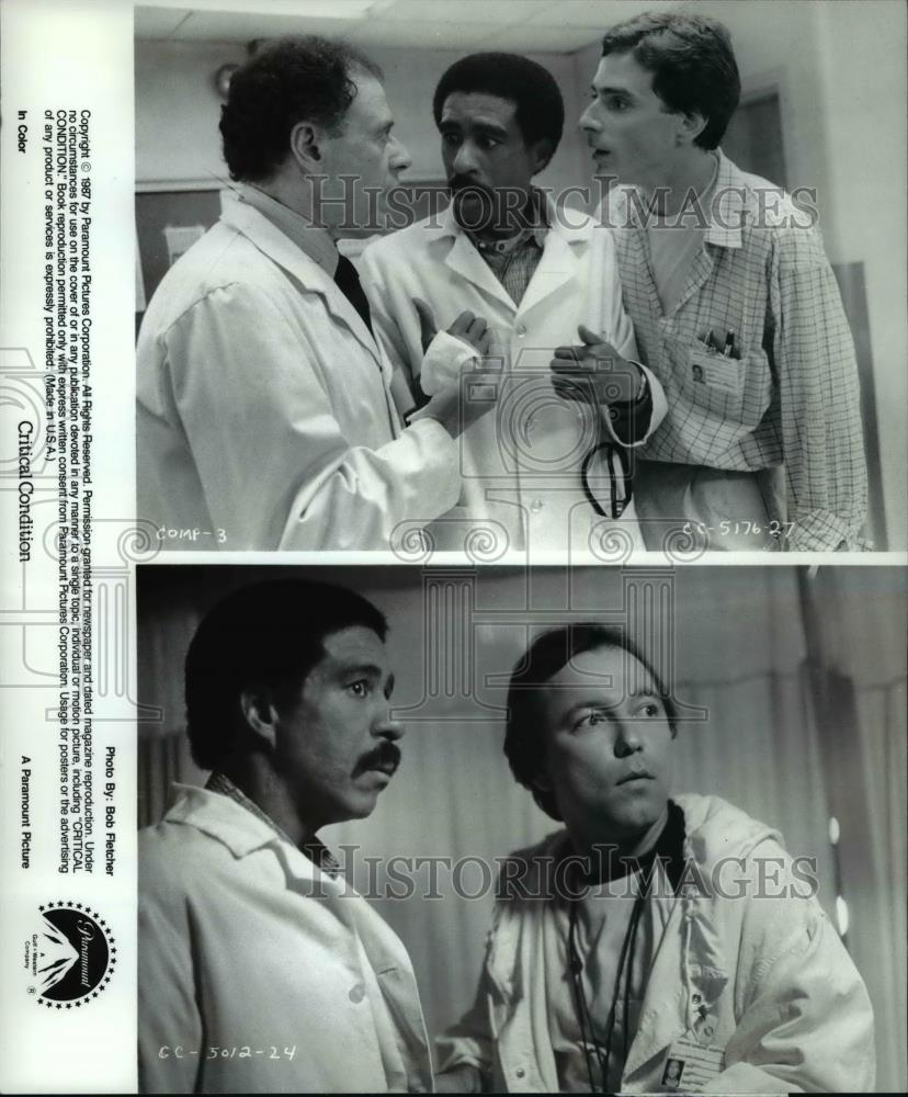 1987 Press Photo Richard Pryor and Bob Saget, Ruben Blades in Critical Condition - Historic Images
