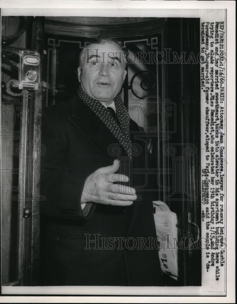 1960 Press Photo Jean Cosacesse Lawyer for Run Away Heiress Gamble Benedict - Historic Images