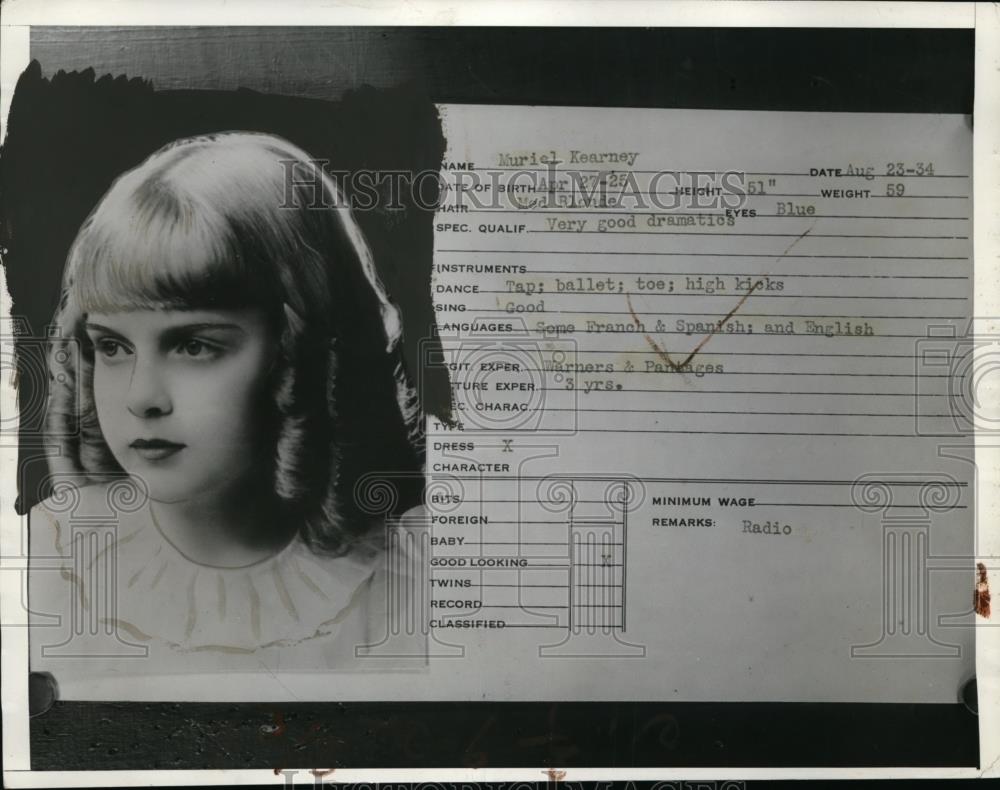 1934 Press Photo Muriel Kearney, Child Dancer Index Card from Casting Bureau - Historic Images