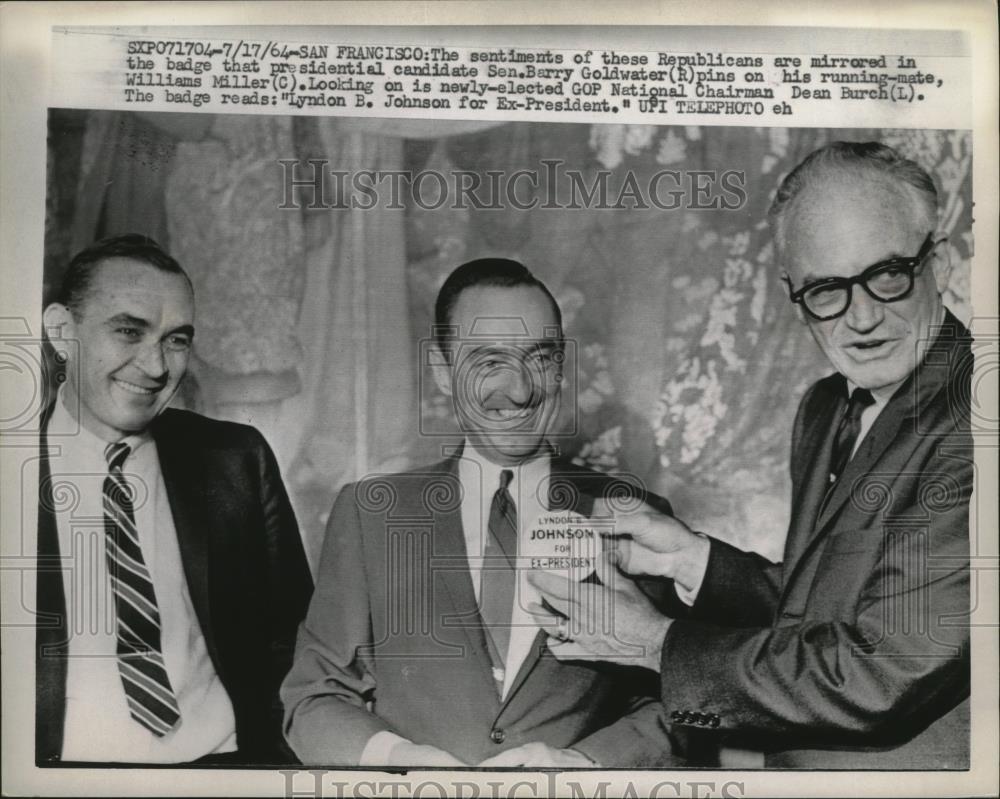 1964 Press Photo Barry Goldwater Pins Anti-Johnson Badge on Williams Miller - Historic Images