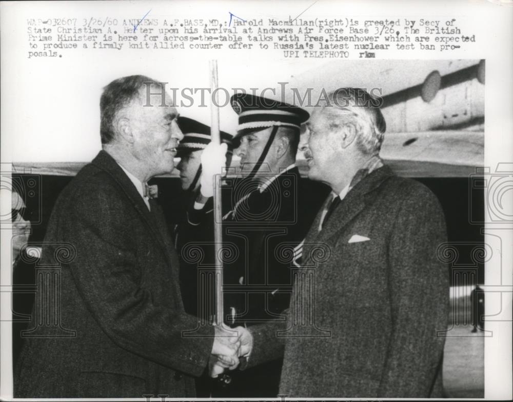 1960 Press Photo Harold Macmillan greeted by Secy of State Christian A.Herter - Historic Images