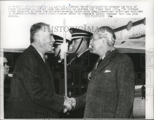 1960 Press Photo Harold Macmillan greeted by Secy of State Christian A.Herter - Historic Images