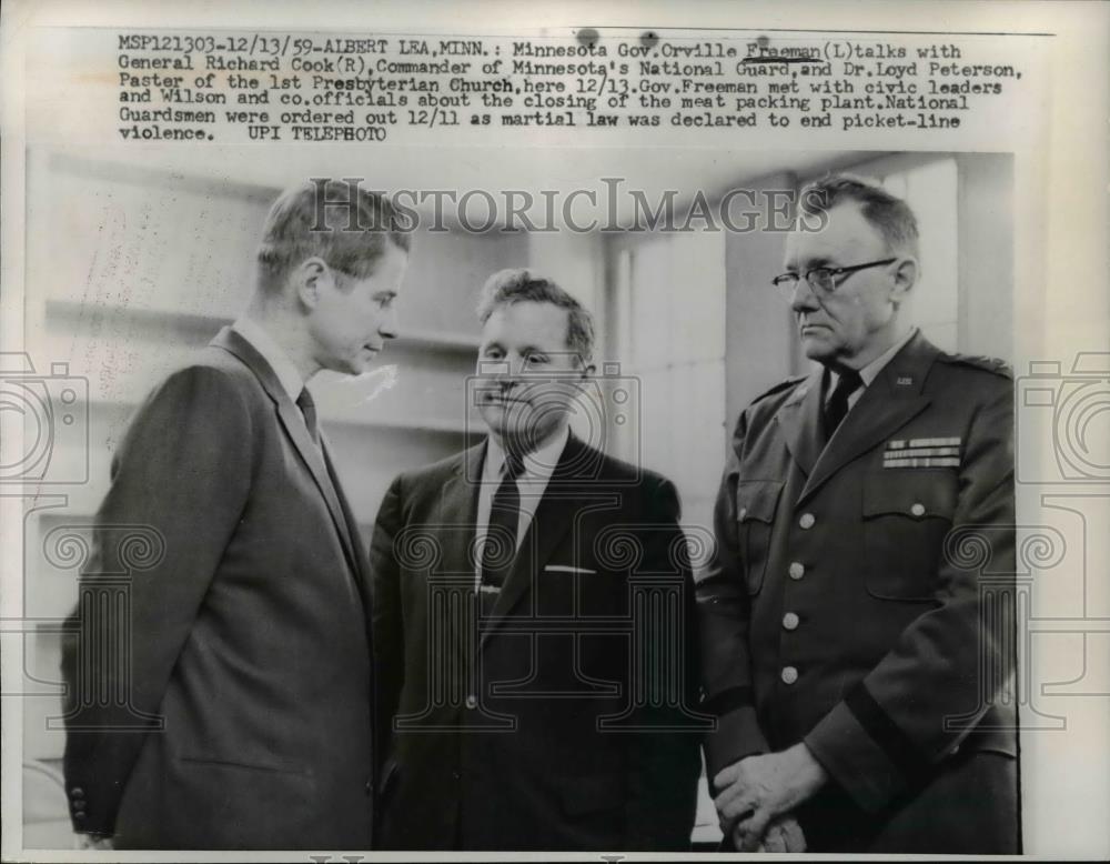 1959 Press Photo MN Governor Orville Freeman, Gen Richard Cook, Dr Peterson - Historic Images