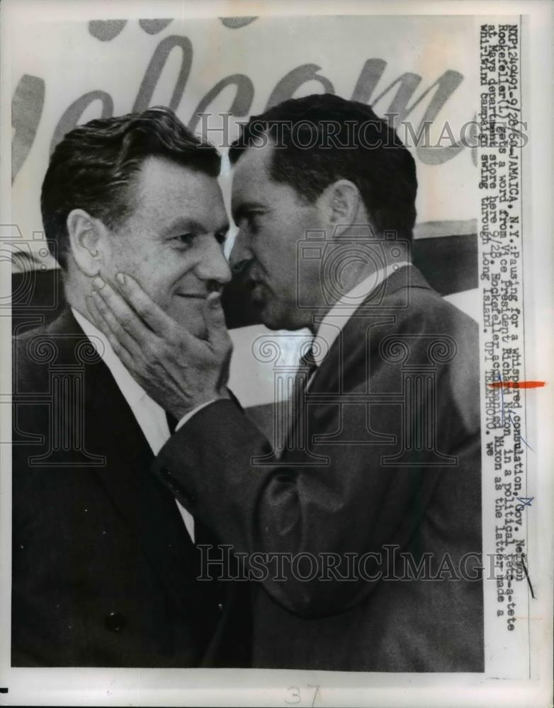 1960 Press Photo VP Richard Nixon Whispers To Gov. Nelson Rockefeller - Historic Images