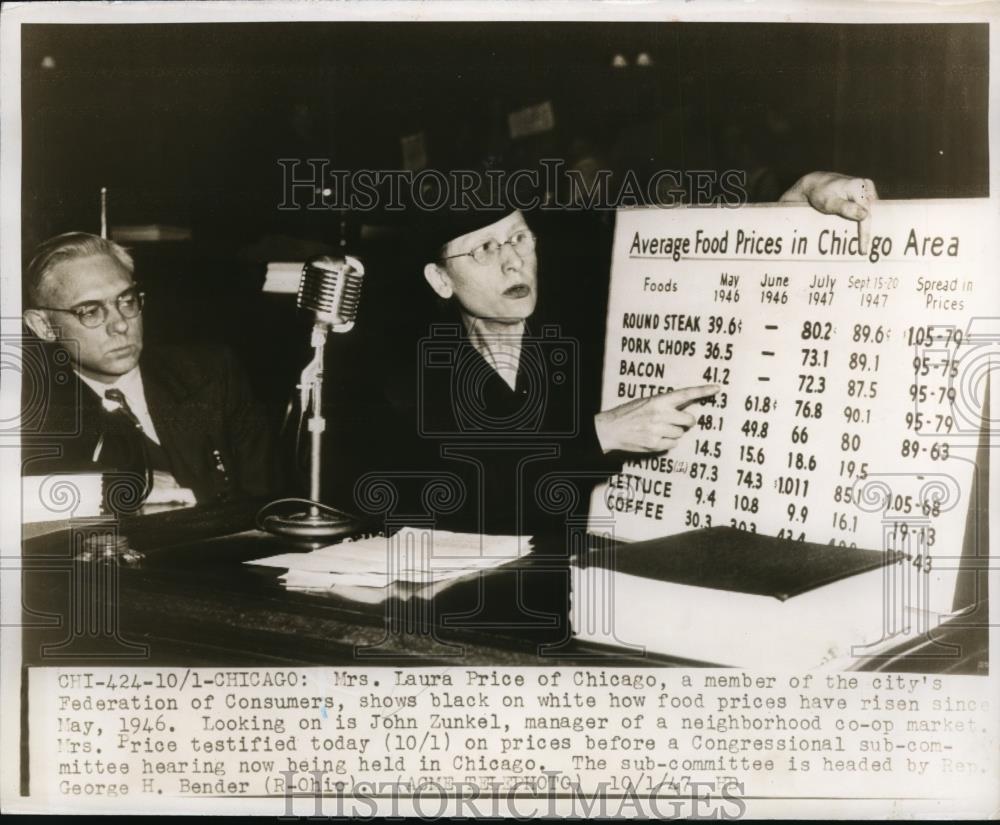 1948 Press Photo Laura Price of Consumer Federation shows Food Price in Chicago - Historic Images