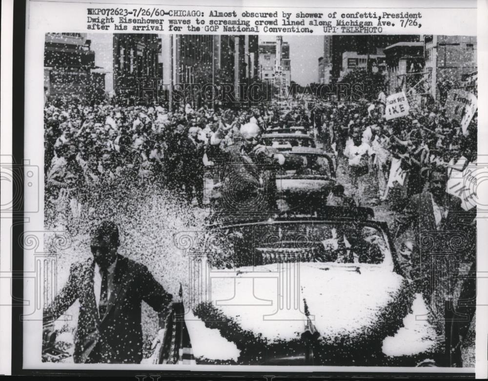 1960 Press Photo Dwight Eisenhower Waves to Crowd As He's Showered in Confetti - Historic Images