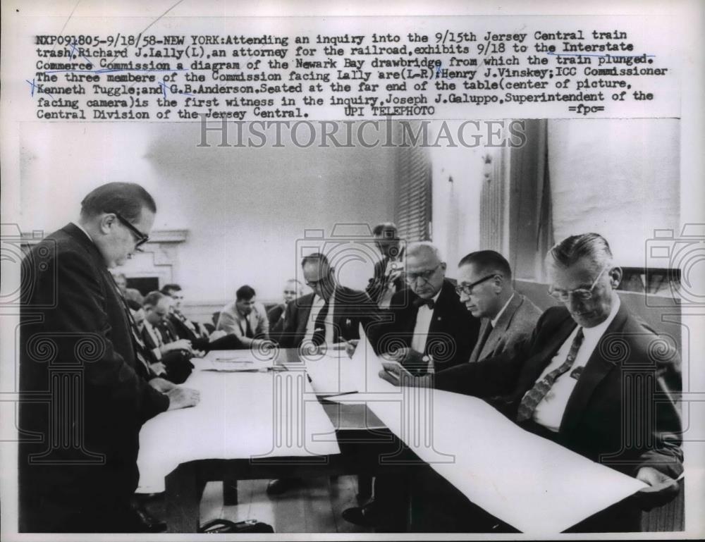 1958 Press Photo Richard J Lally Attorney For Railroad Attends Inquiry of Crash - Historic Images