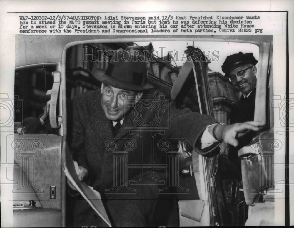 1957 Press Photo Adlai Stevenson Leaving White House - nef41812 - Historic Images