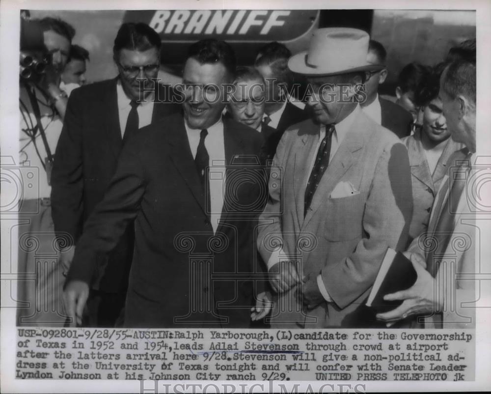 1955 Press Photo Ralph Yarborough, Adlai Stevenson at Airport, Austin, Texas - Historic Images