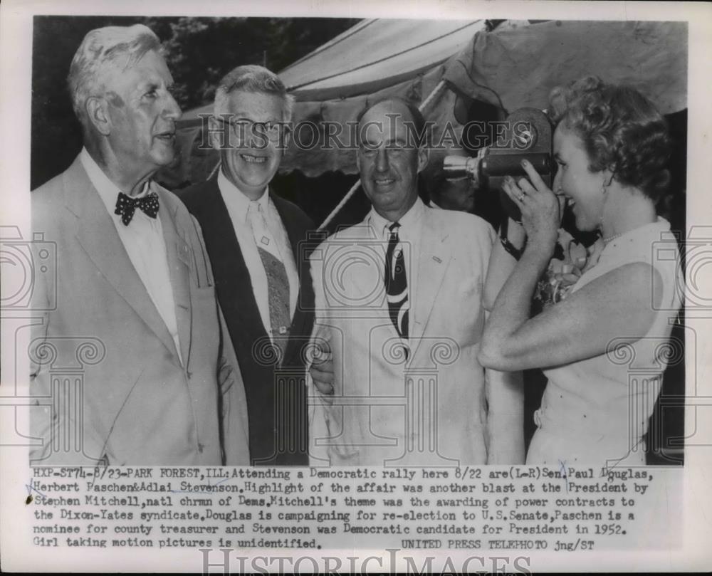 1954 Press Photo Adlai Stevenson w/ Paul Douglas, Herbert Paschen at IL Rally - Historic Images