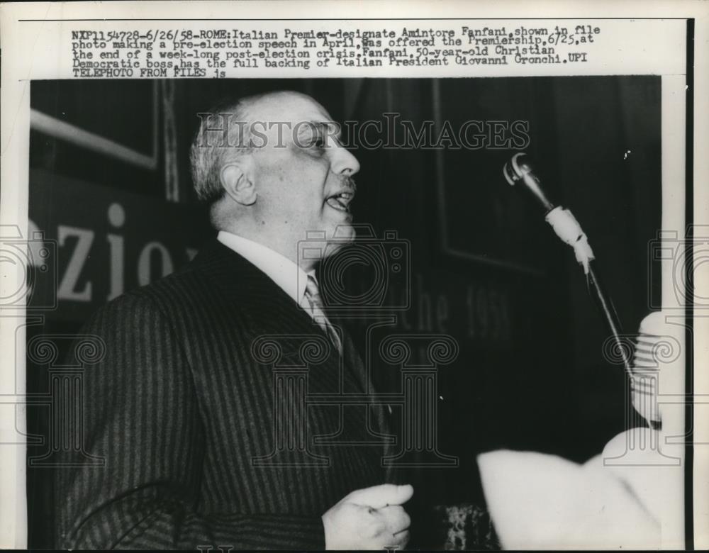 1958 Press Photo Amintore Fantani Making Pre-Election Speech Offered Premiership - Historic Images