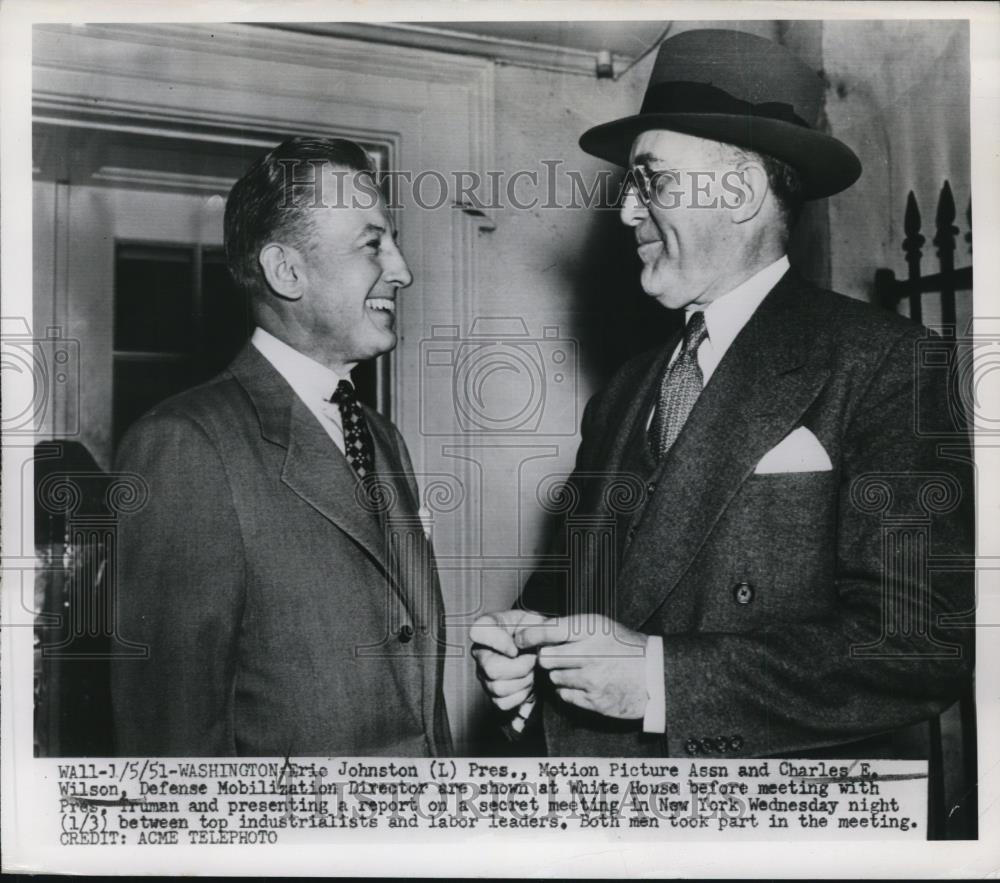 1951 Press Photo Eric Johnston, Charles E. Wilson at White House - nef43666 - Historic Images