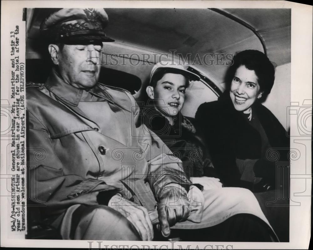 1951 Press Photo General MacArthur Mrs MacArthur and Their 13 Year Old Son - Historic Images