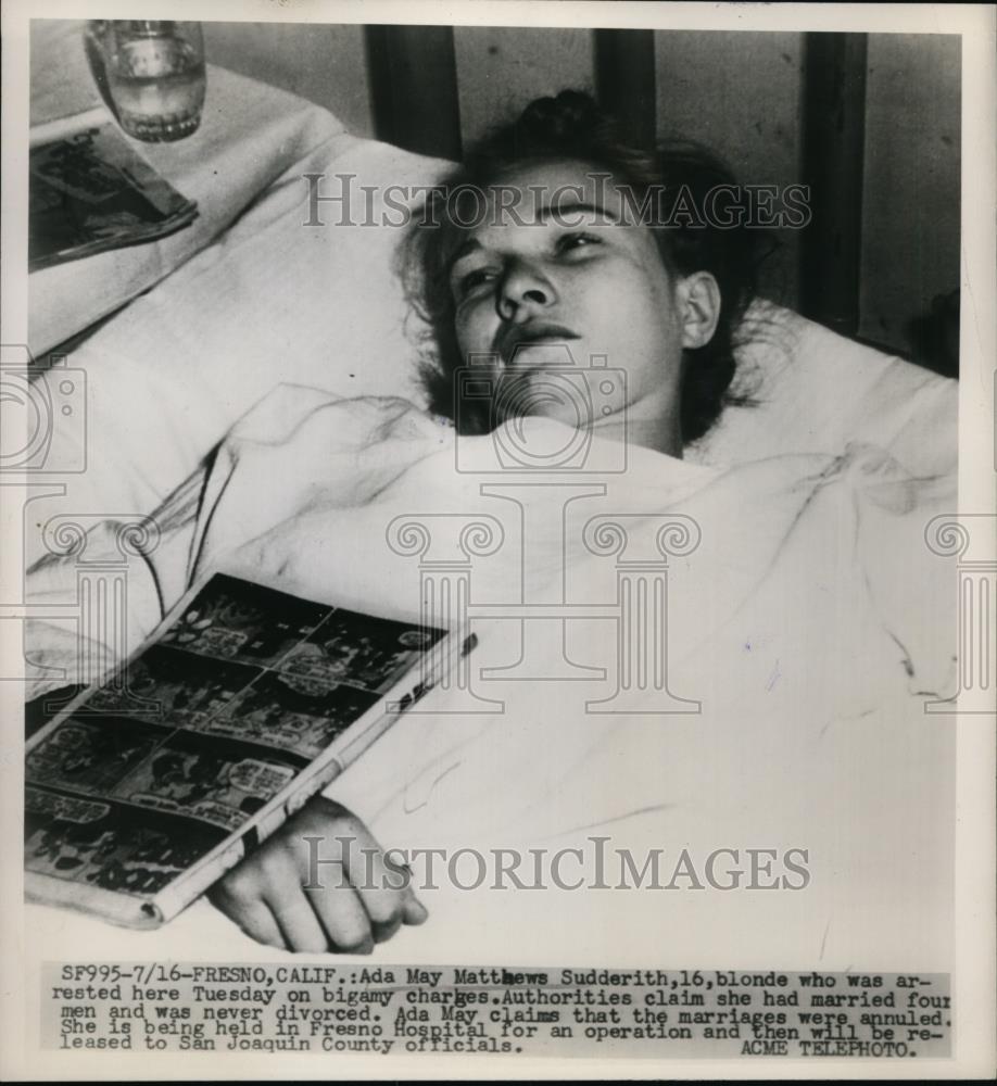 1947 Press Photo Ada May Matthews Sudderith Age 16 Married 4 Times No Divorce - Historic Images