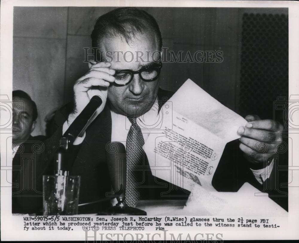 1954 Press Photo Senator Joseph R. McCarthy at FBI Hearing, Washington, D.C. - Historic Images
