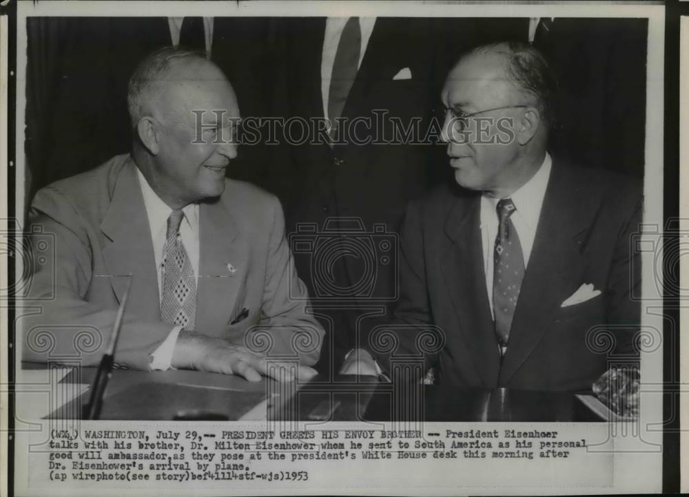 1953 Wire Photo President Eisenhower with his brother Dr Milton Eisenhower - Historic Images