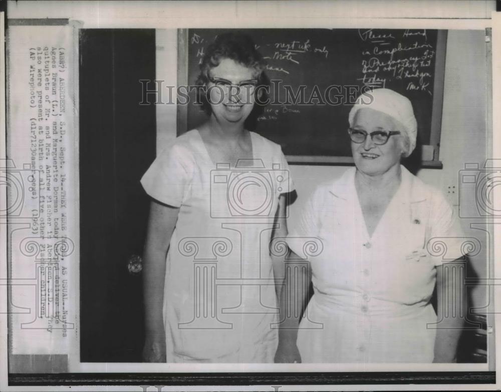 1963 Wire Photo Agness Braun delivered Mrs Fischers quintuplets, South Dakota. - Historic Images