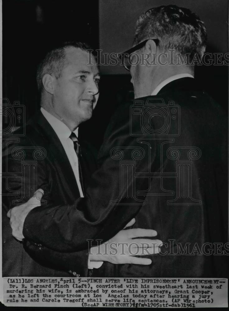 1961 Wire Photo Dr. R. Bernard Finch embraced by Grant Cooper at the courtroom - Historic Images