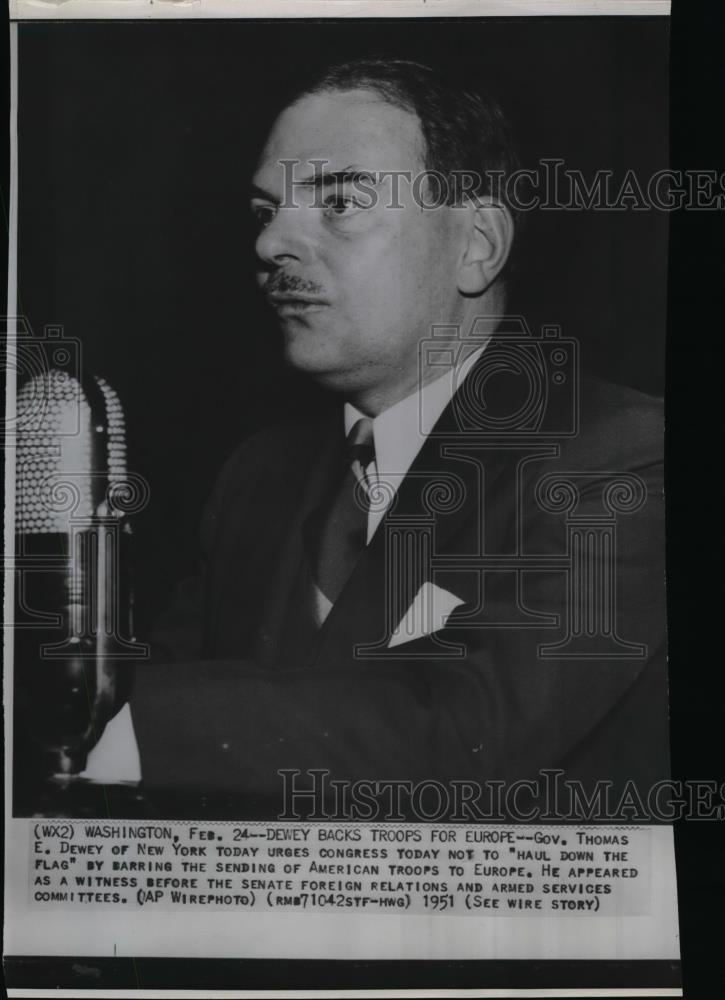 1951 Wire Photo Gov. Thomas Dewey before the Senate Foreign Relations Committee - Historic Images