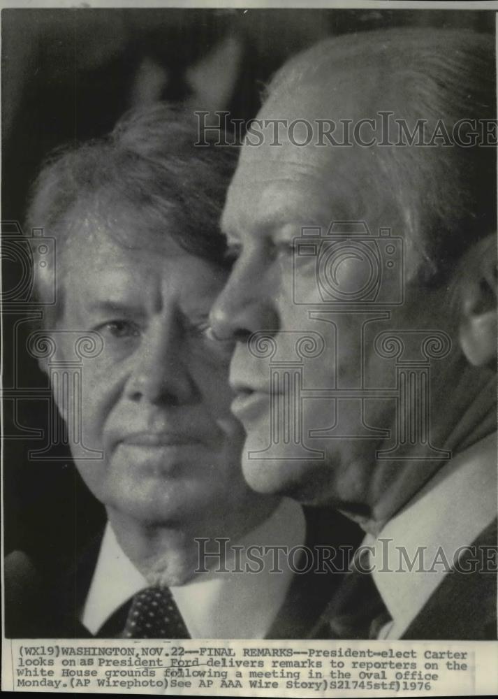 1976 Wire Photo President-elect Carter looks on as Pres. Ford delivers remarks - Historic Images