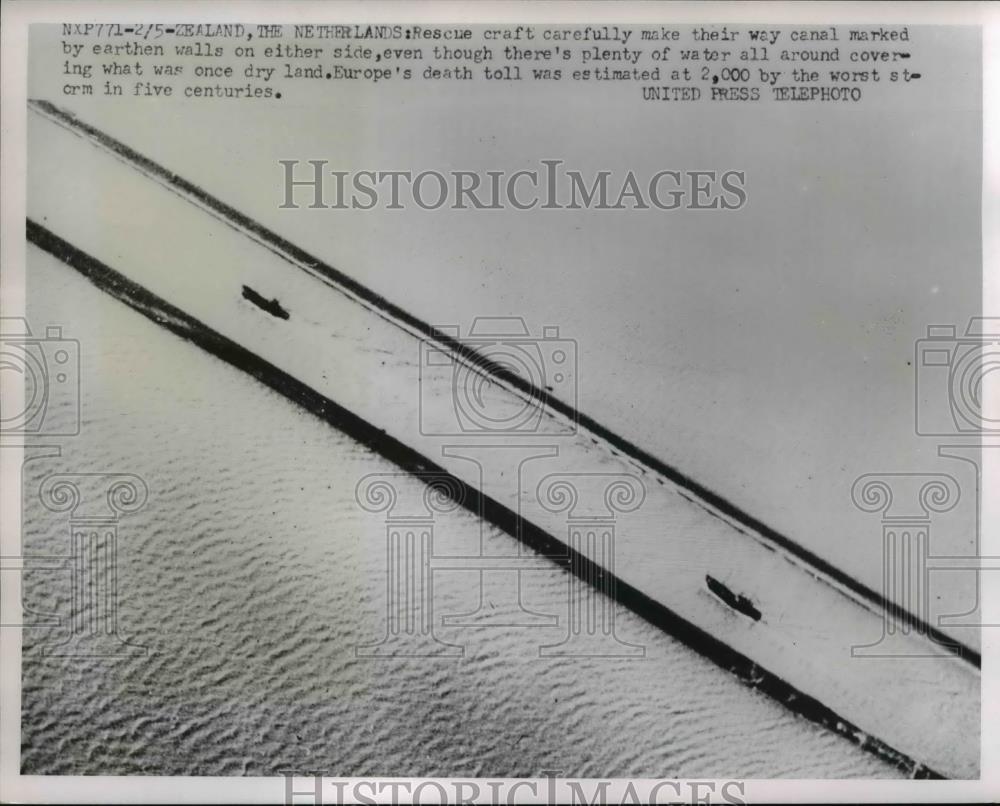 1953 Press Photo Rescue Craft Down Canal After Storm In The Netherlands - Historic Images