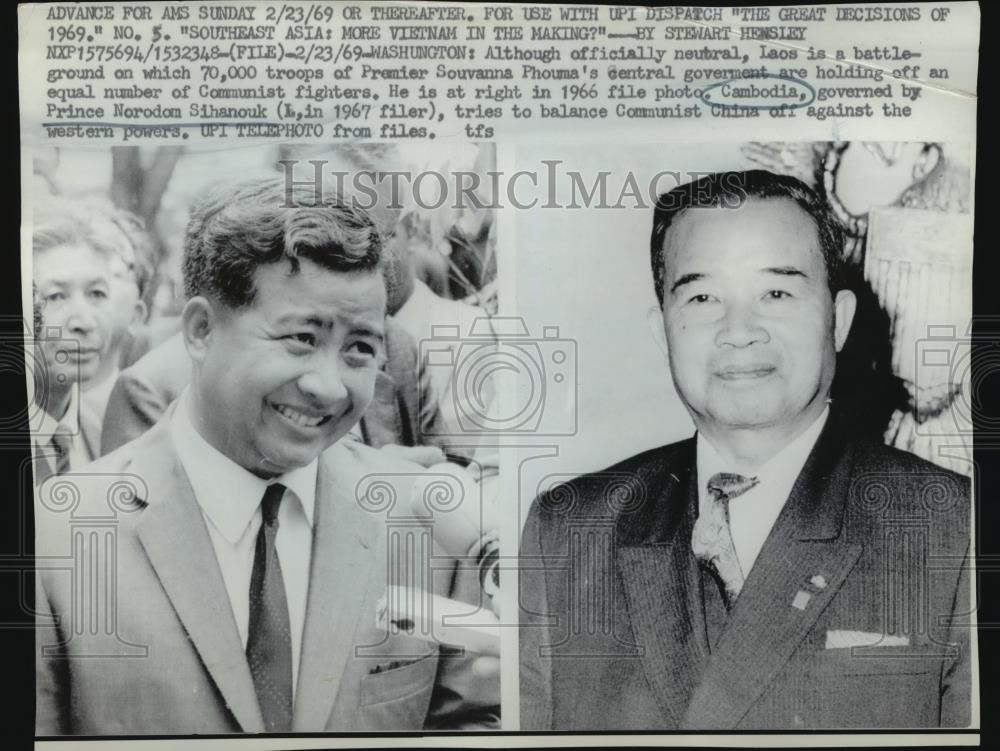 1966 Press Photo Souvanna Phouma of Laos, Prince Norodom Sihanouk of Cambodia - Historic Images