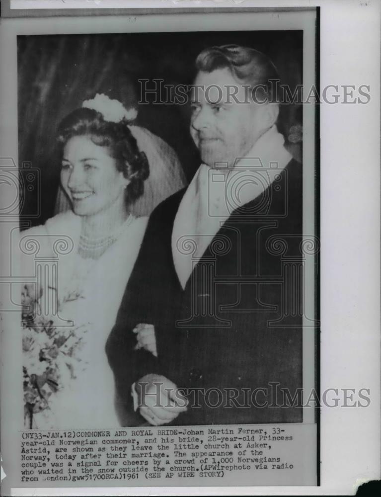 1961 Wire Photo Johan Martin Ferner a commoner and his bride Princess Astrid - Historic Images