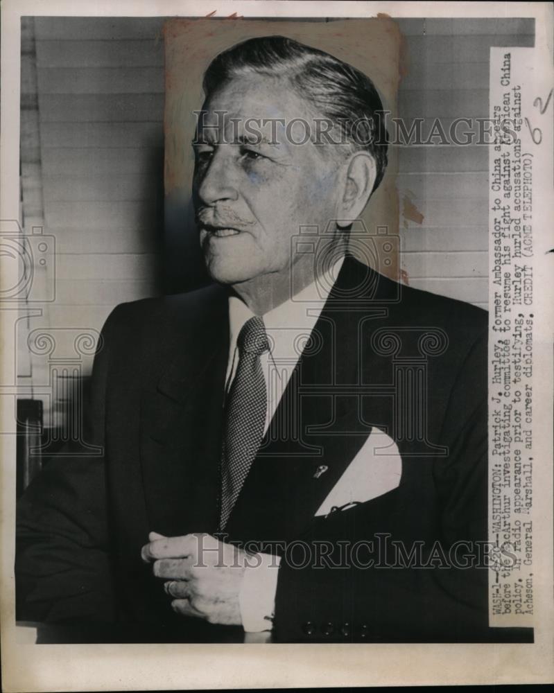 1951 Press Photo Patrick J Hurley ex Ambassador to China in Washington DC - Historic Images