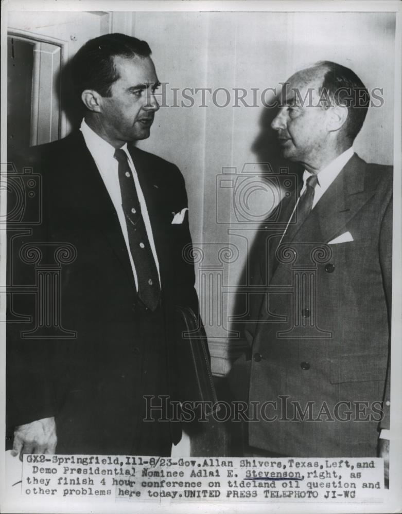 1952 Press Photo Allan Shivers &amp; Adlai Stevenson Finish 4-House Oil Conference - Historic Images