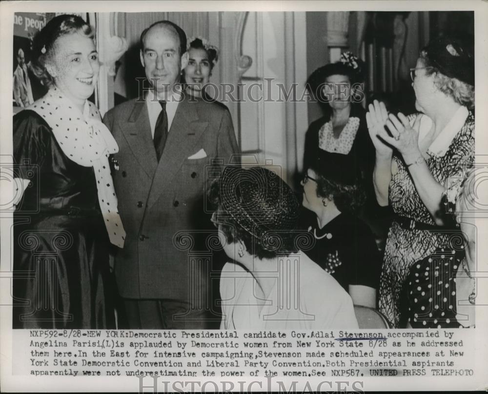 1952 Press Photo Adlai Stevenson, Angelina Parisi @ Democratic Women&#39;s Meeting - Historic Images