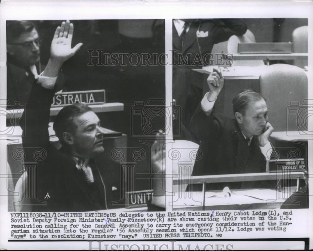 1956 Press Photo Henry Cabot Lodge of U.S and Vasily Kuznetsov of Soviet - Historic Images