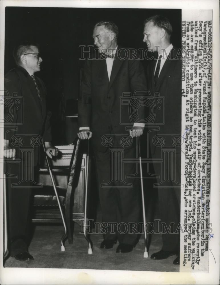 1959 Press Photo Herman Vandermohlen,Crutch maker and State Sec.Christian Herter - Historic Images