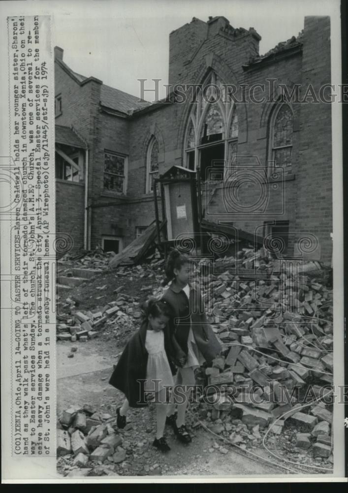 1974 Press Photo Tornado Damage to St. John's A.M.E. Church in Downtown Xenia OH - Historic Images