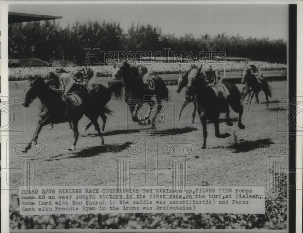 1953 Press Photo Ted Atkinson up Silver Tide in first race at Hialeah Race - Historic Images