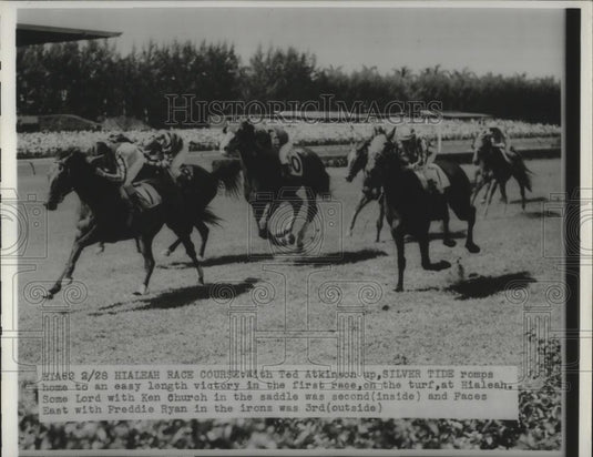 1953 Press Photo Ted Atkinson up Silver Tide in first race at Hialeah Race - Historic Images