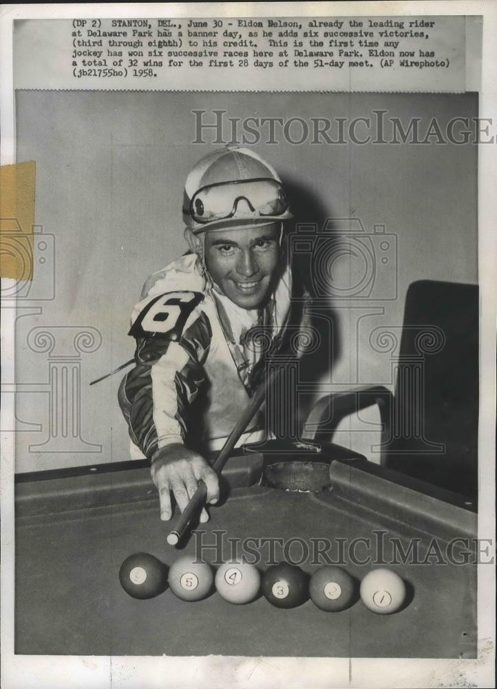 1958 Press Photo Jockey Eldon Nelson Playing Pool at Delaware Park - nef64091 - Historic Images